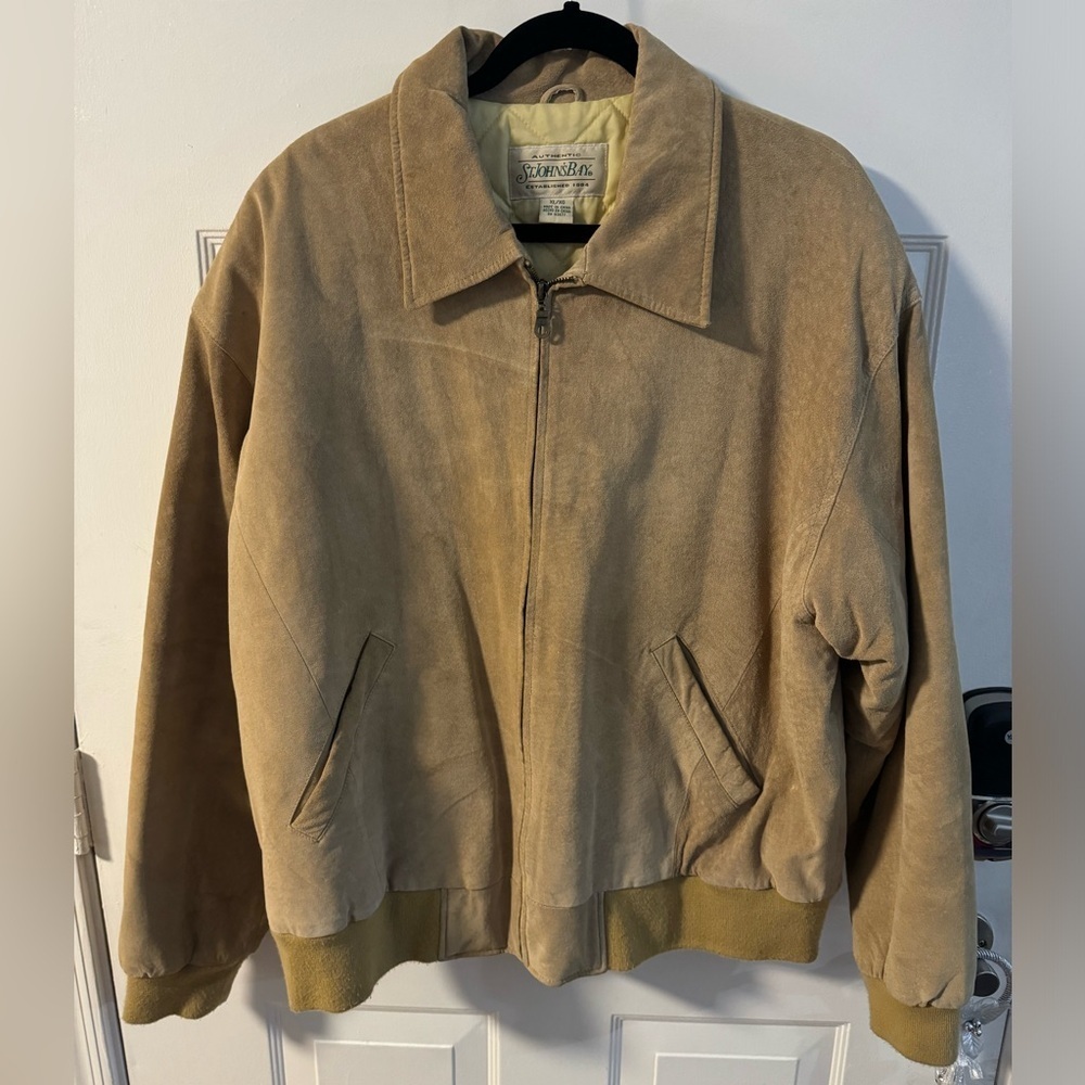 St Johns Bay Vintage Quilted Suede Leather Tan Bomber Jacket Oversized Vintage